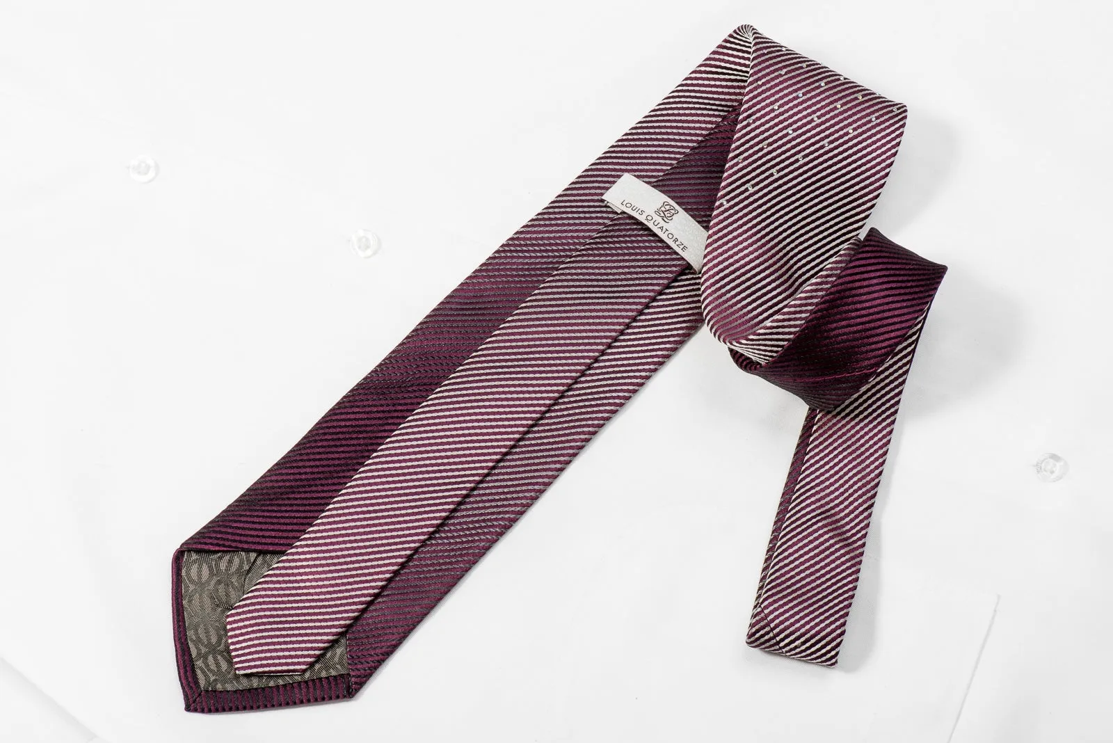 Louis Quatorze Men's Crystal Silk Necktie Silver Purple Striped Sparkling With Rhinestones