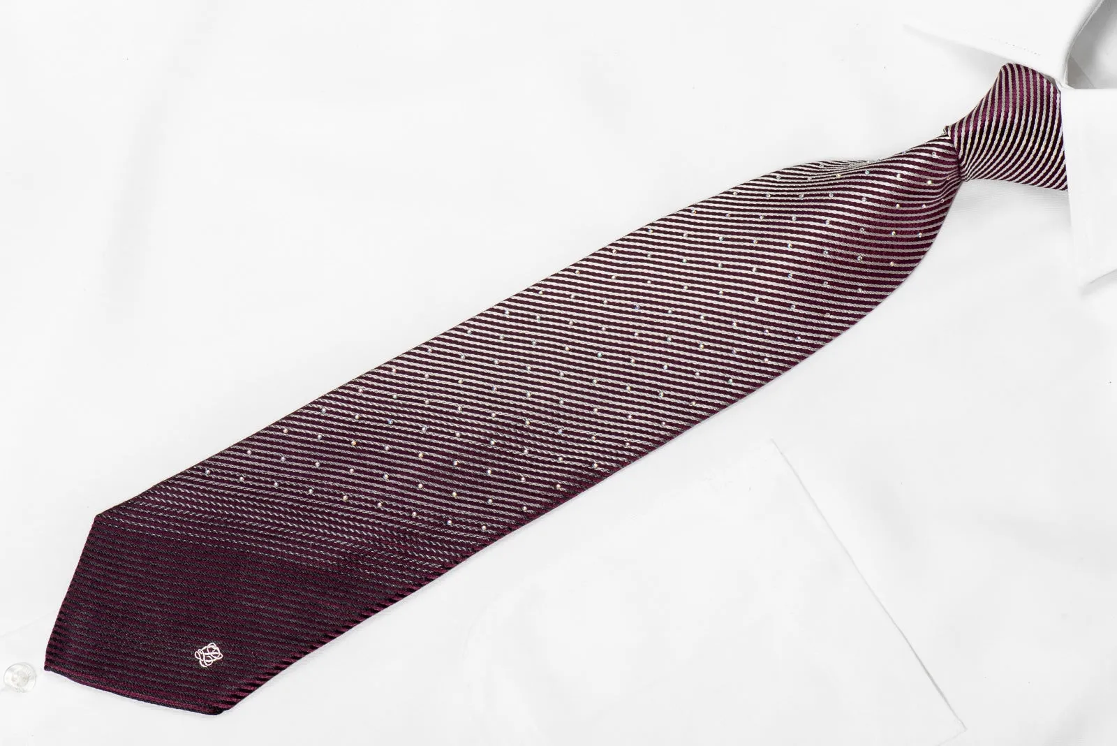 Louis Quatorze Men's Crystal Silk Necktie Silver Purple Striped Sparkling With Rhinestones