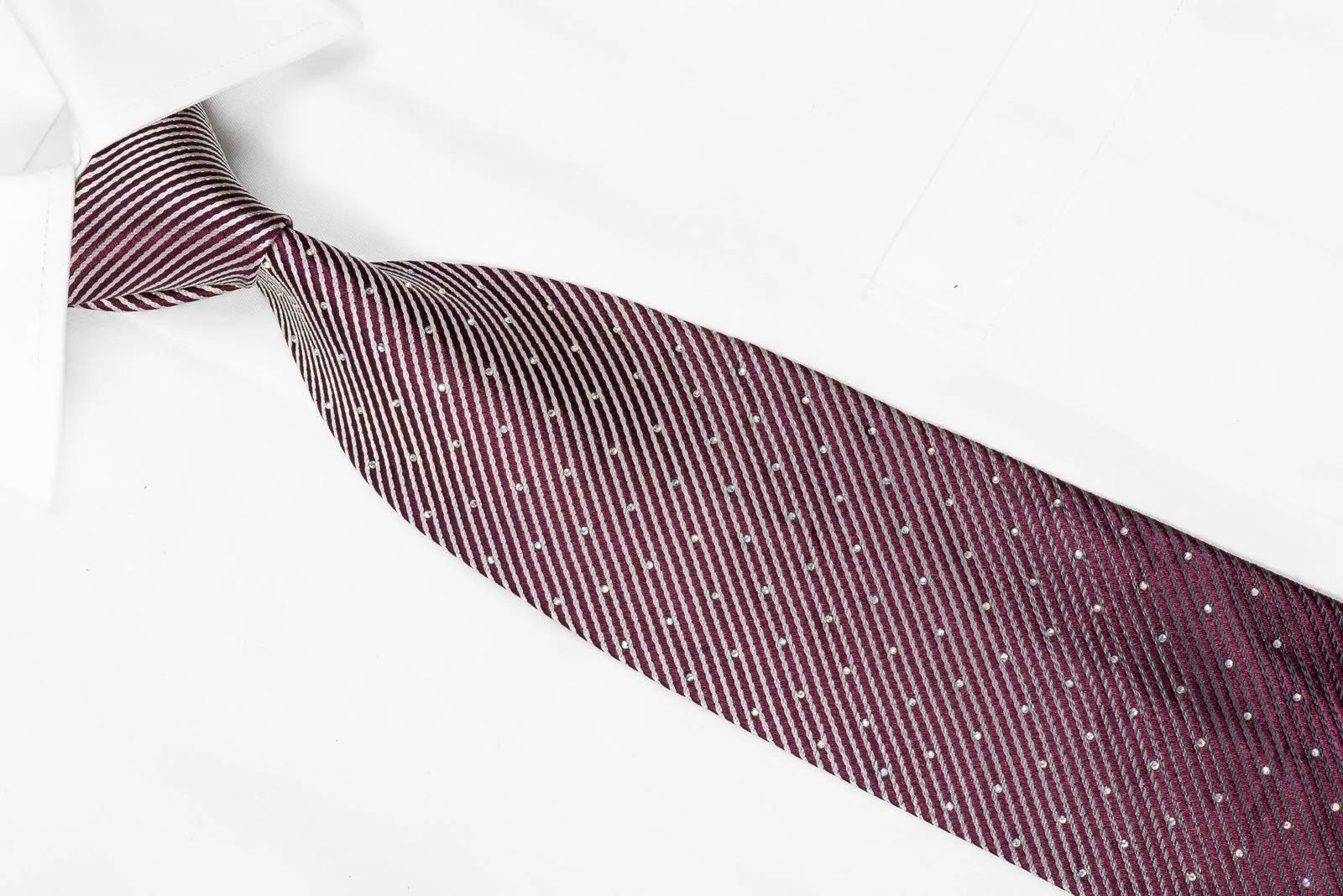 Louis Quatorze Men's Crystal Silk Necktie Silver Purple Striped Sparkling With Rhinestones