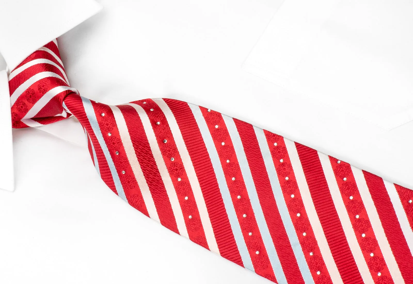 Louis Quatorze Men's Rhinestone Tie Red Silver Striped With Silver Sparkles