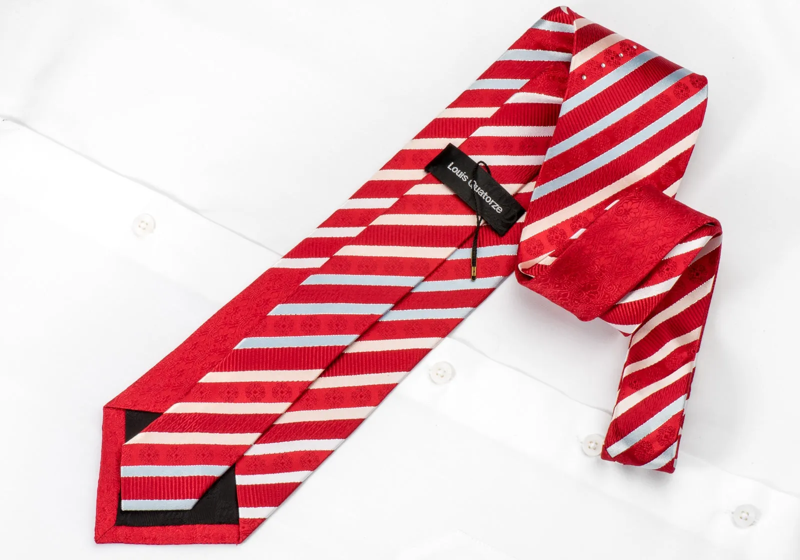 Louis Quatorze Men's Rhinestone Tie Red Silver Striped With Silver Sparkles