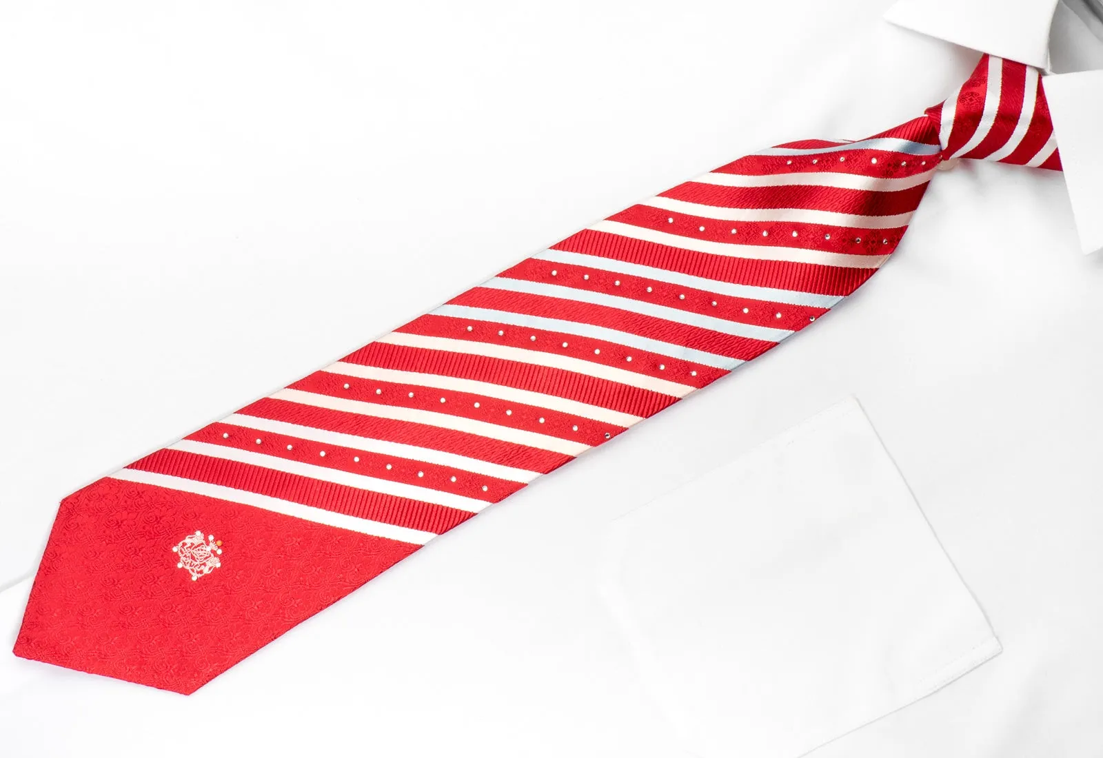 Louis Quatorze Men's Rhinestone Tie Red Silver Striped With Silver Sparkles