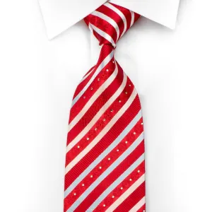 Louis Quatorze Men's Rhinestone Tie Red Silver Striped With Silver Sparkles