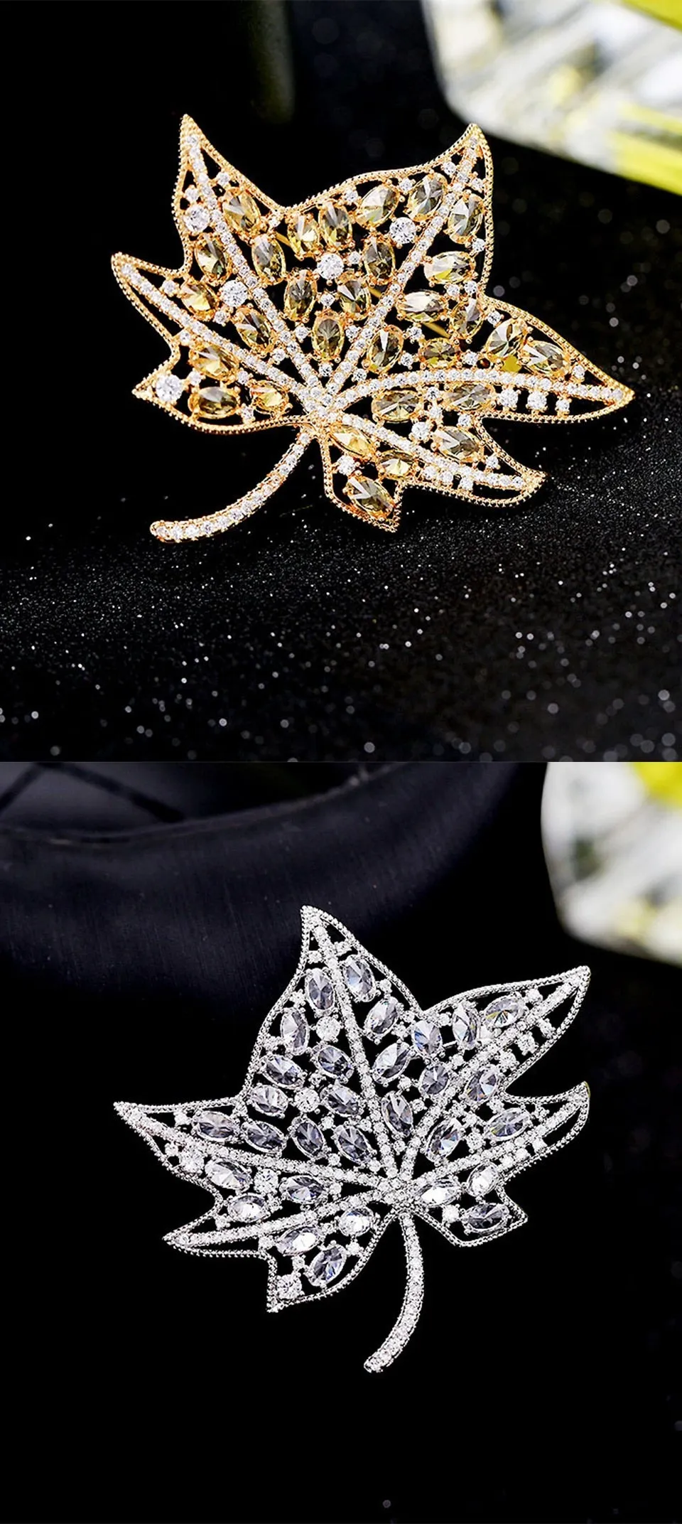 Luxury Copper Micro Inlaid Cubic Zirconia Fashionable Decoration Maple Leaf Brooch Gift