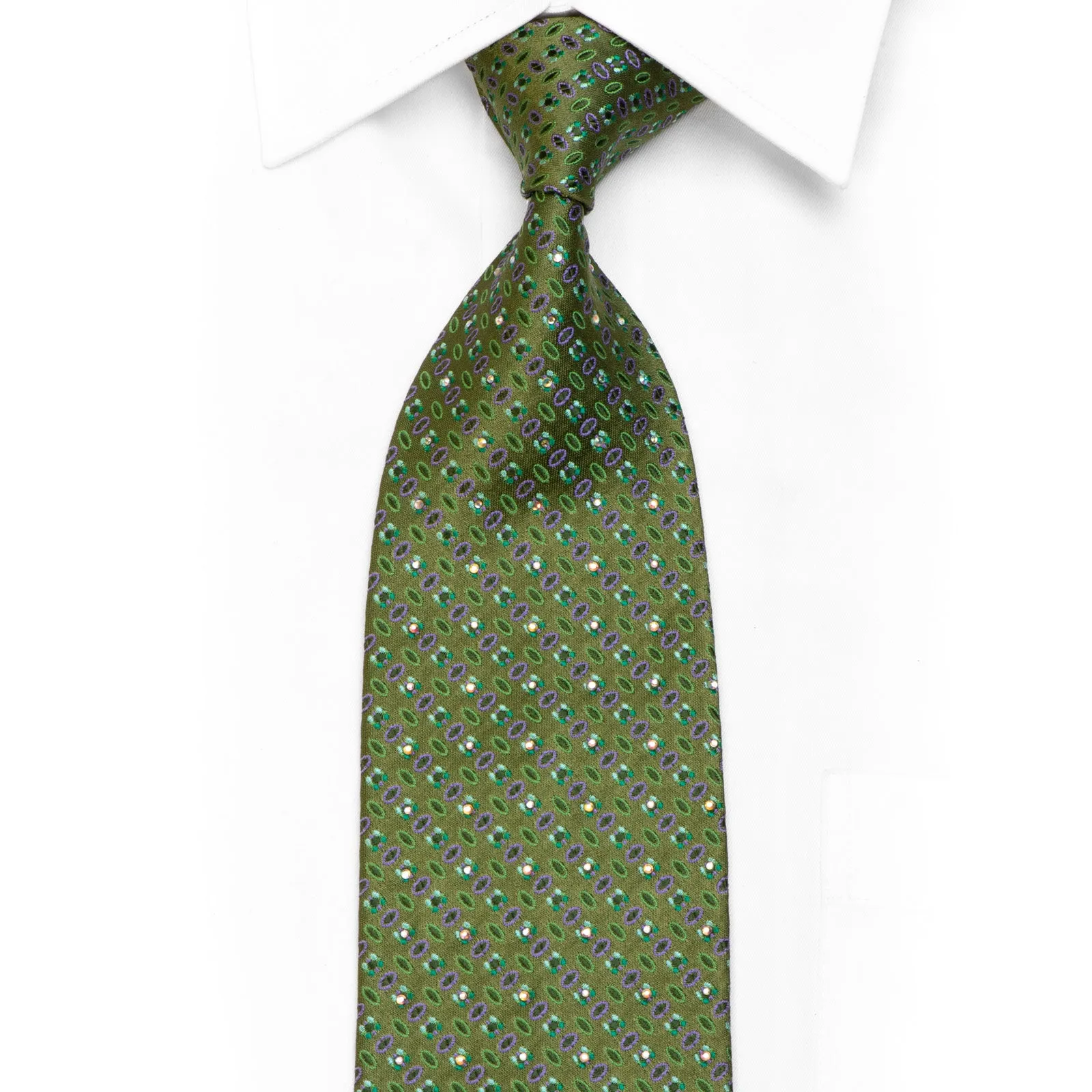 MCM Rhinestone Silk Necktie Geometric On Green