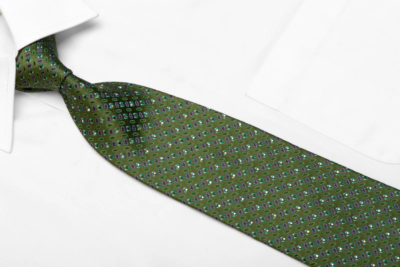 MCM Rhinestone Silk Necktie Geometric On Green
