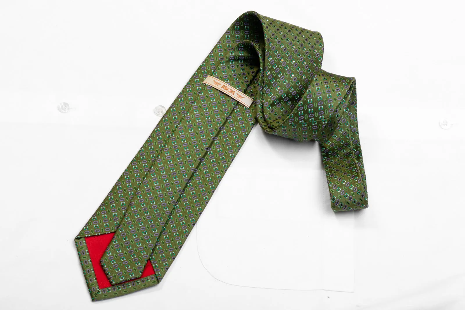 MCM Rhinestone Silk Necktie Geometric On Green