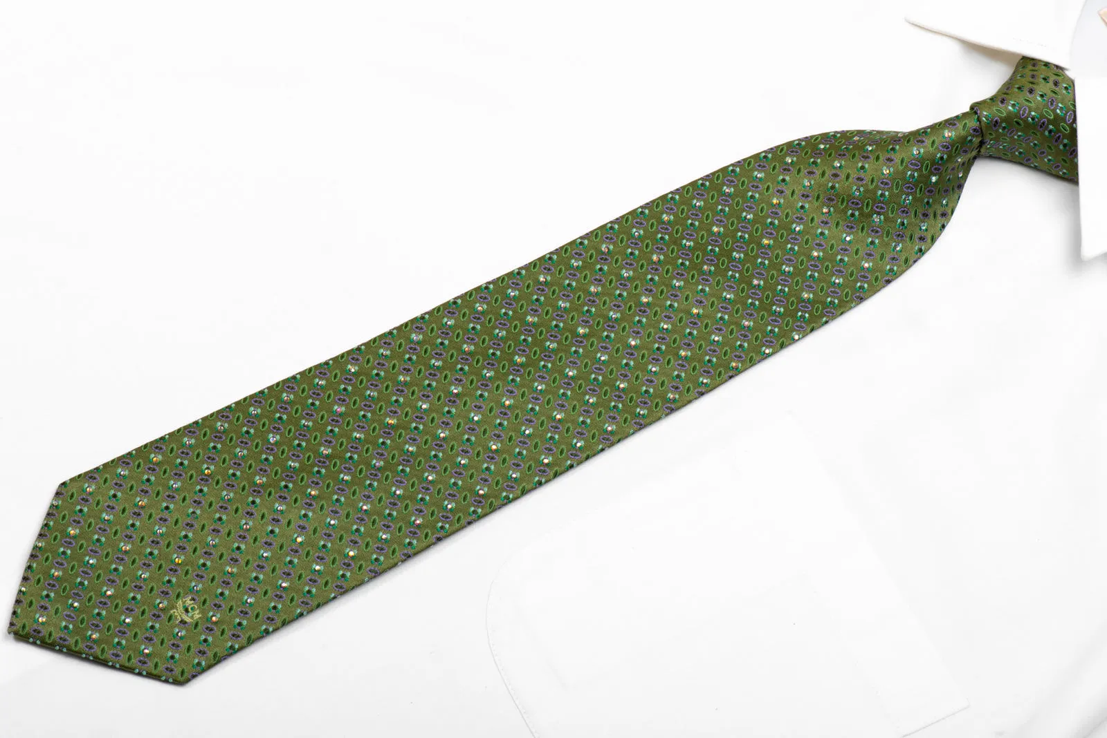 MCM Rhinestone Silk Necktie Geometric On Green
