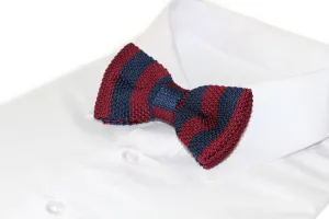 Mens Navy And Maroon Thick Vertical Striped Knitted Bow Tie