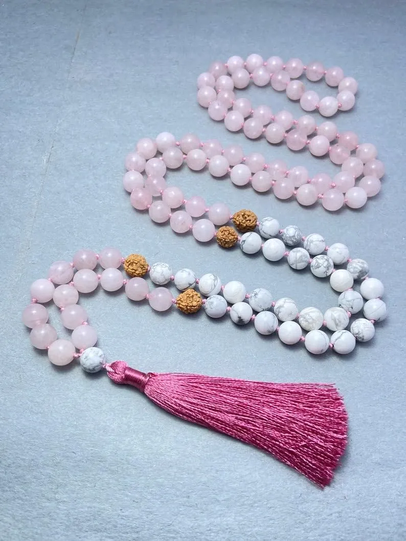 Natural Rose Quartz, Howlite & Rudraksha 8mm 108 Mala Beads, Spiritual, Meditation Beads, Reiki, Japa Mala, Buddhist Prayer Beads, Yoga Bracelet, healing beads LKMALA-RRGU-3588