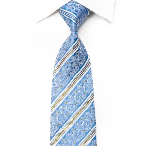 Nicole St Giles Men's Crystal Rhinestone Silk Necktie White Striped & Cartouche On Blue
