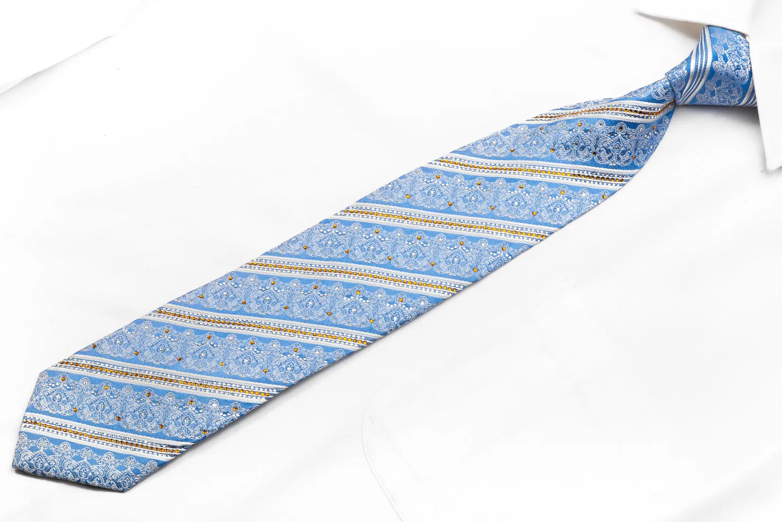 Nicole St Giles Men's Crystal Rhinestone Silk Necktie White Striped & Cartouche On Blue