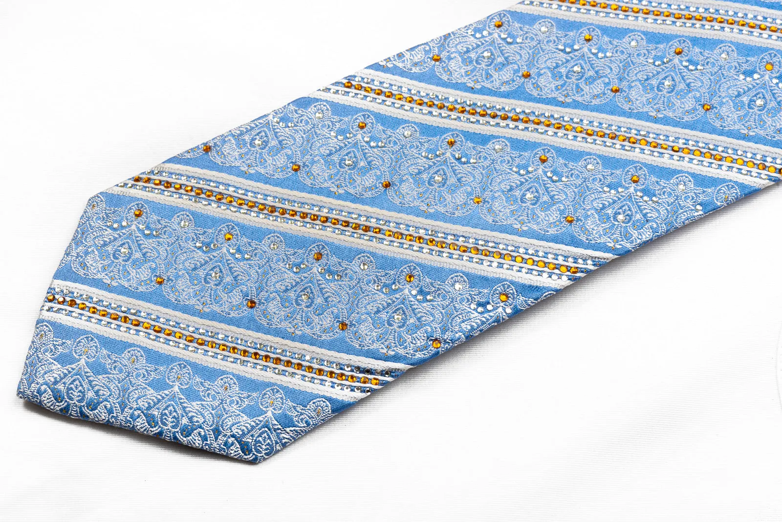 Nicole St Giles Men's Crystal Rhinestone Silk Necktie White Striped & Cartouche On Blue