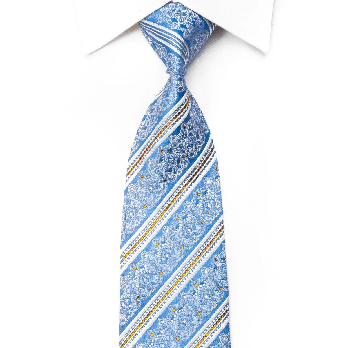 Nicole St Giles Men's Crystal Rhinestone Silk Necktie White Striped & Cartouche On Blue