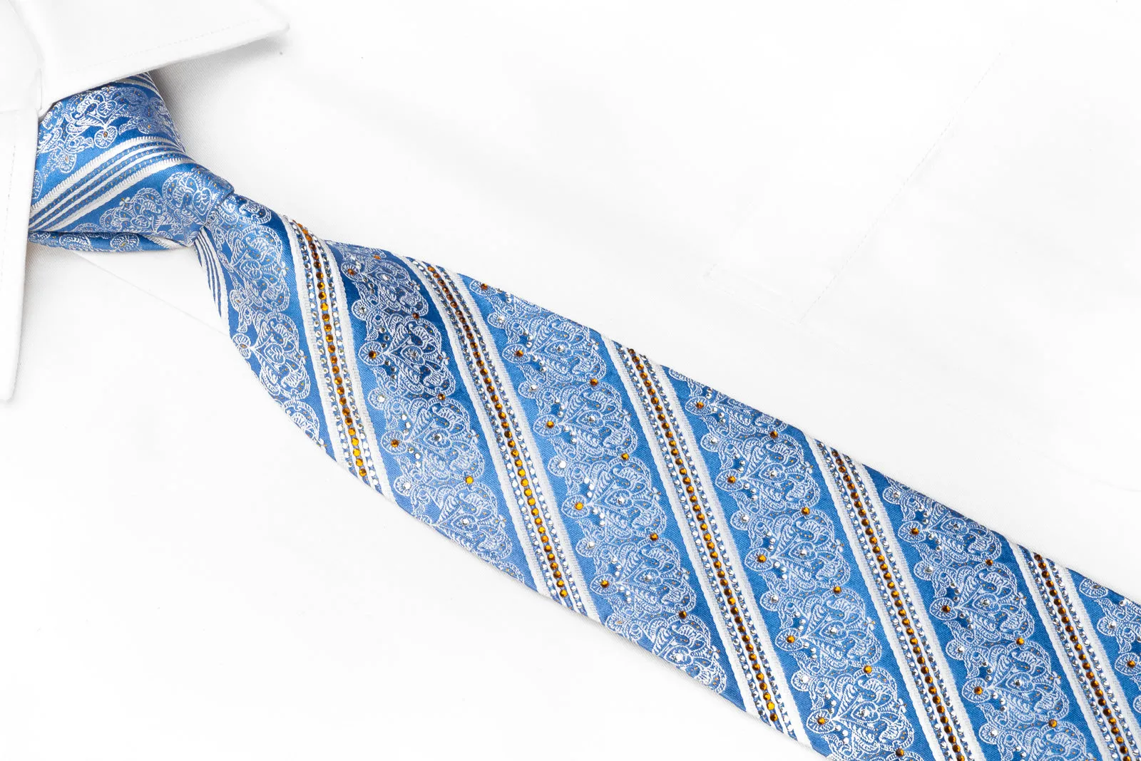 Nicole St Giles Men's Crystal Rhinestone Silk Necktie White Striped & Cartouche On Blue