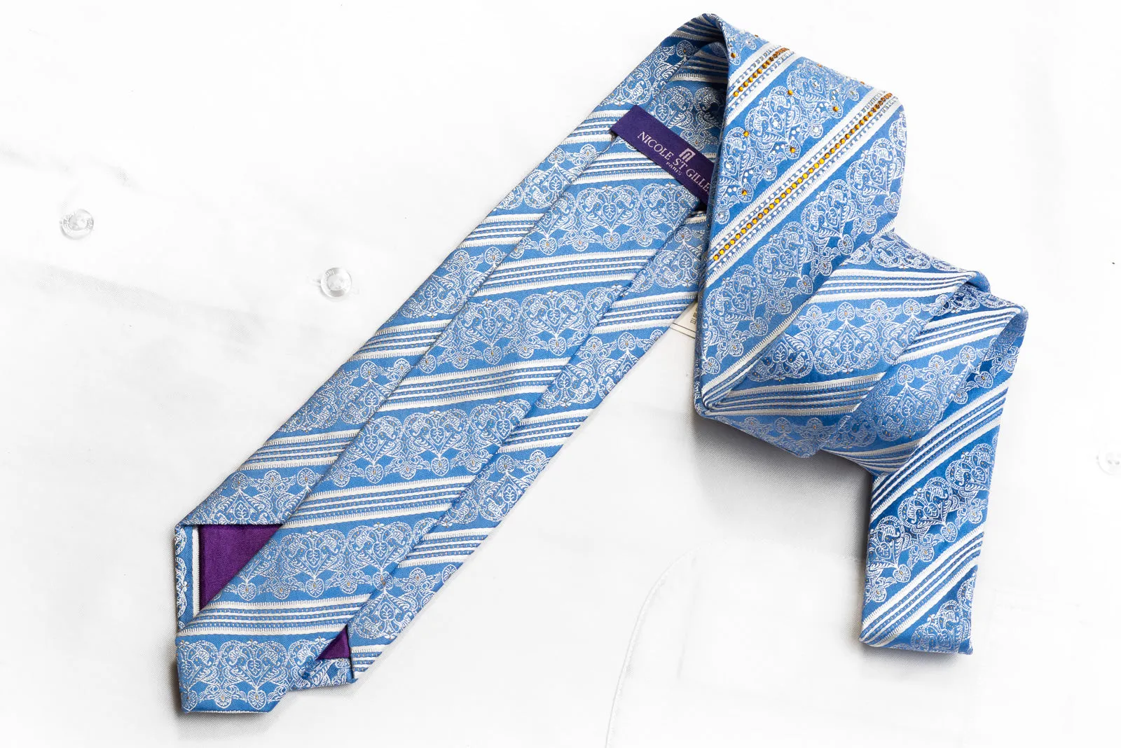 Nicole St Giles Men's Crystal Rhinestone Silk Necktie White Striped & Cartouche On Blue
