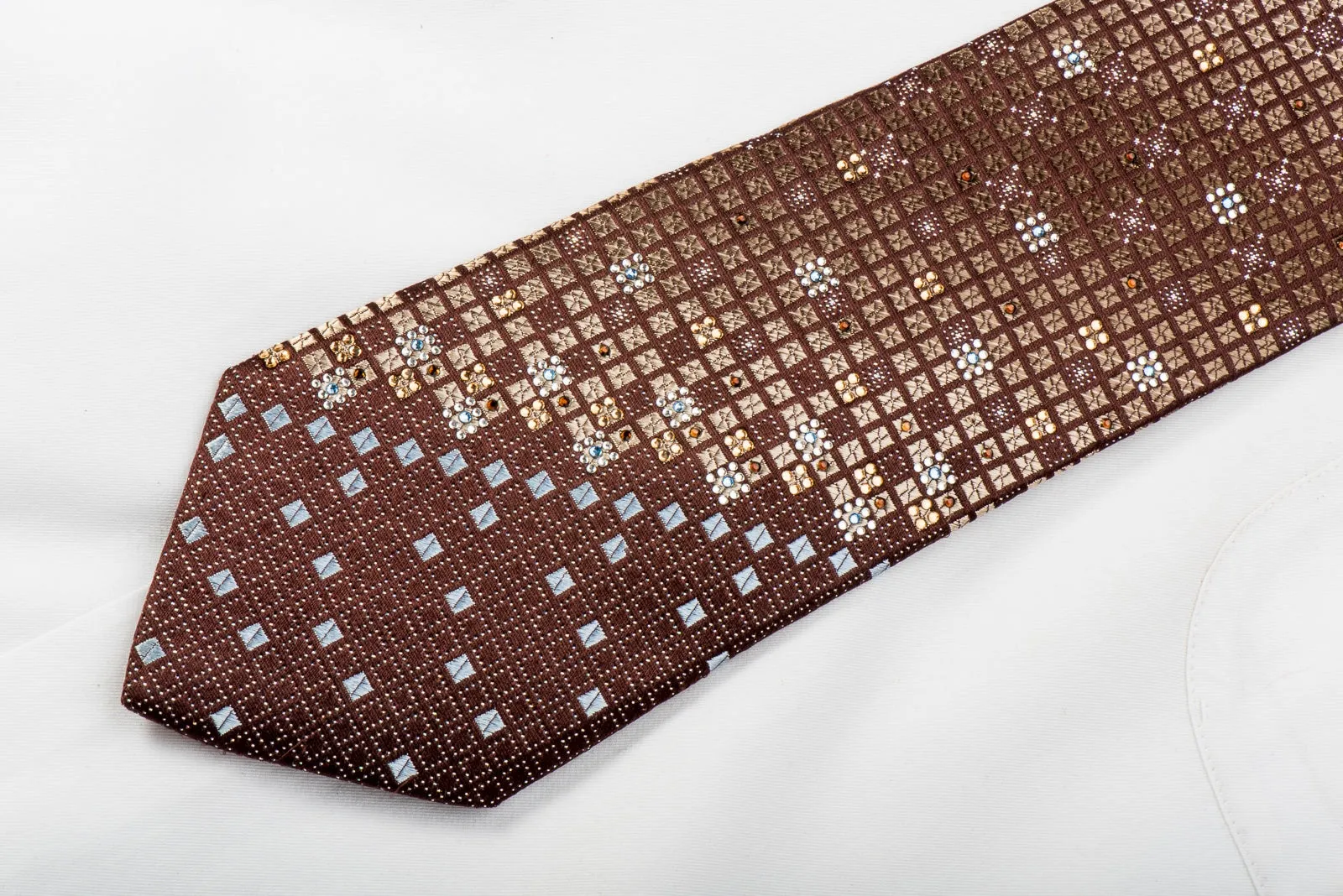 Nicole St Giles Men's Rhinestone Silk Necktie Golden Checker On Brown With Silver Sparkles
