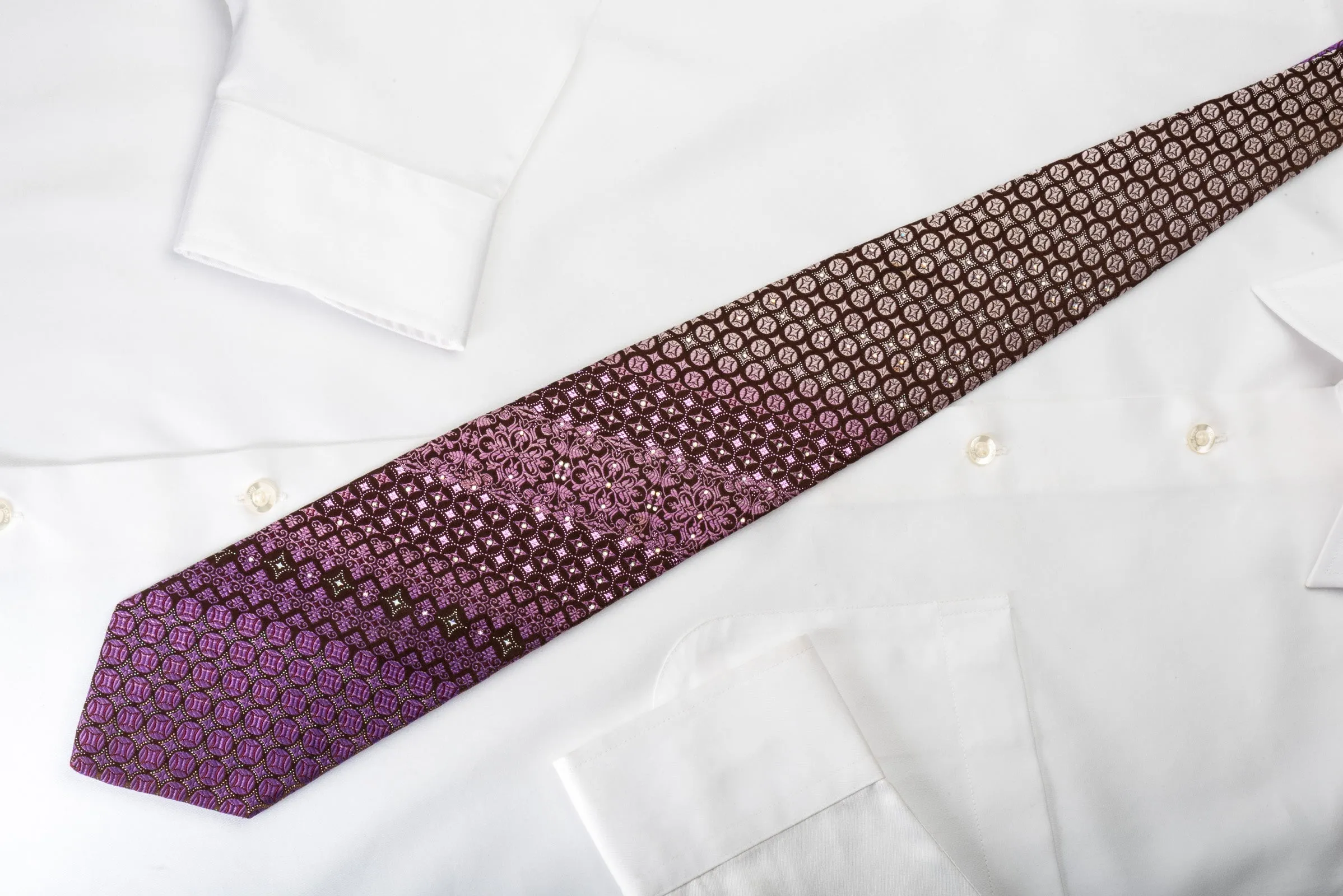 Nina Ricci Silk Rhinestone Necktie Anthemion Motif On Purple With Silver Sparkles