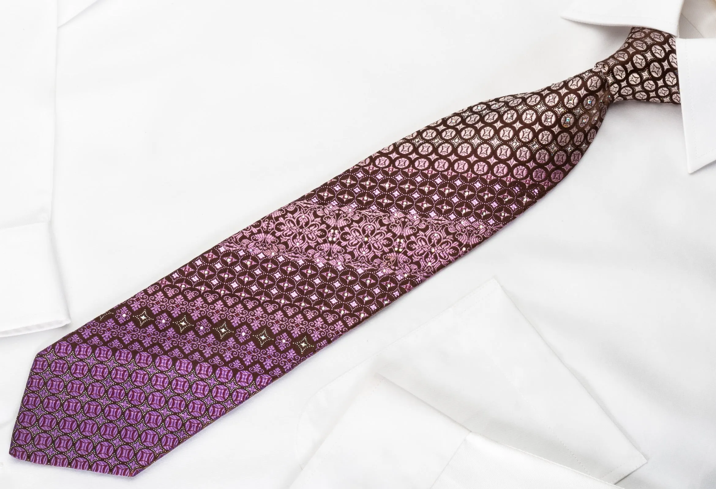 Nina Ricci Silk Rhinestone Necktie Anthemion Motif On Purple With Silver Sparkles
