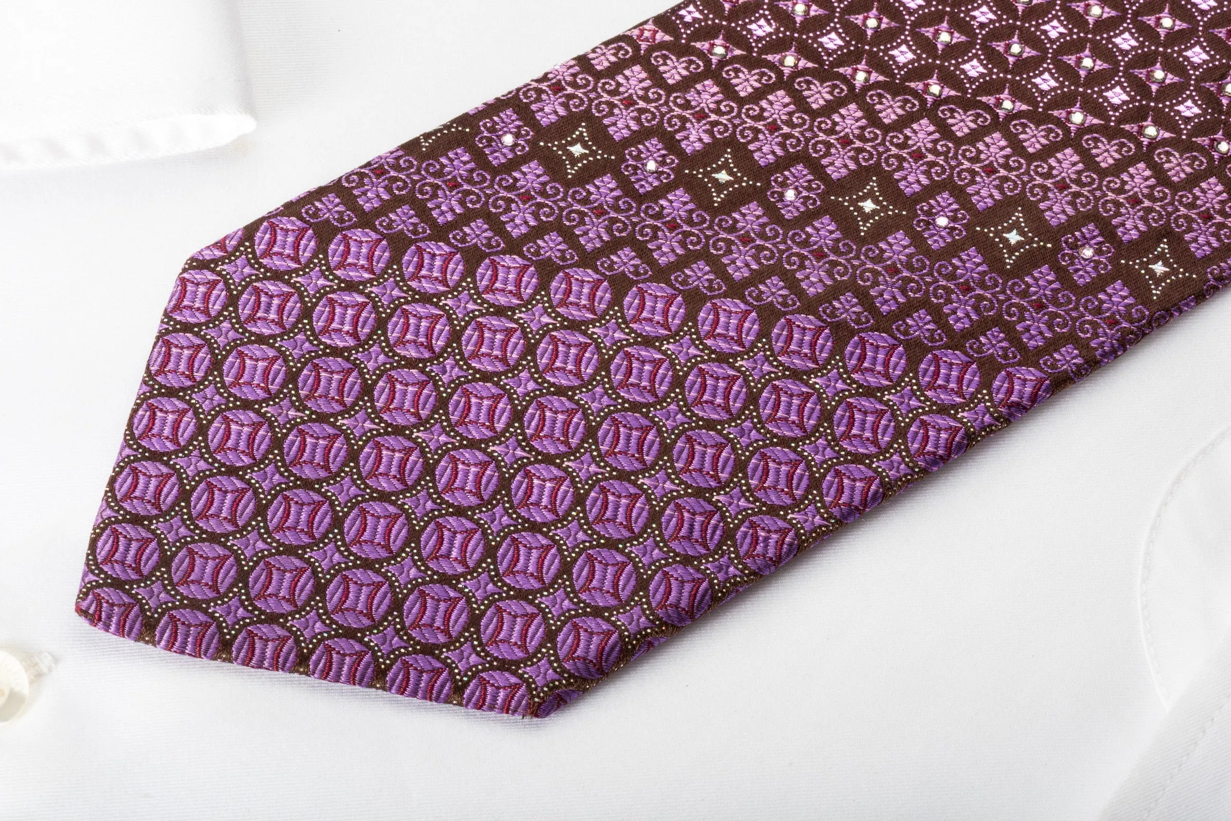 Nina Ricci Silk Rhinestone Necktie Anthemion Motif On Purple With Silver Sparkles