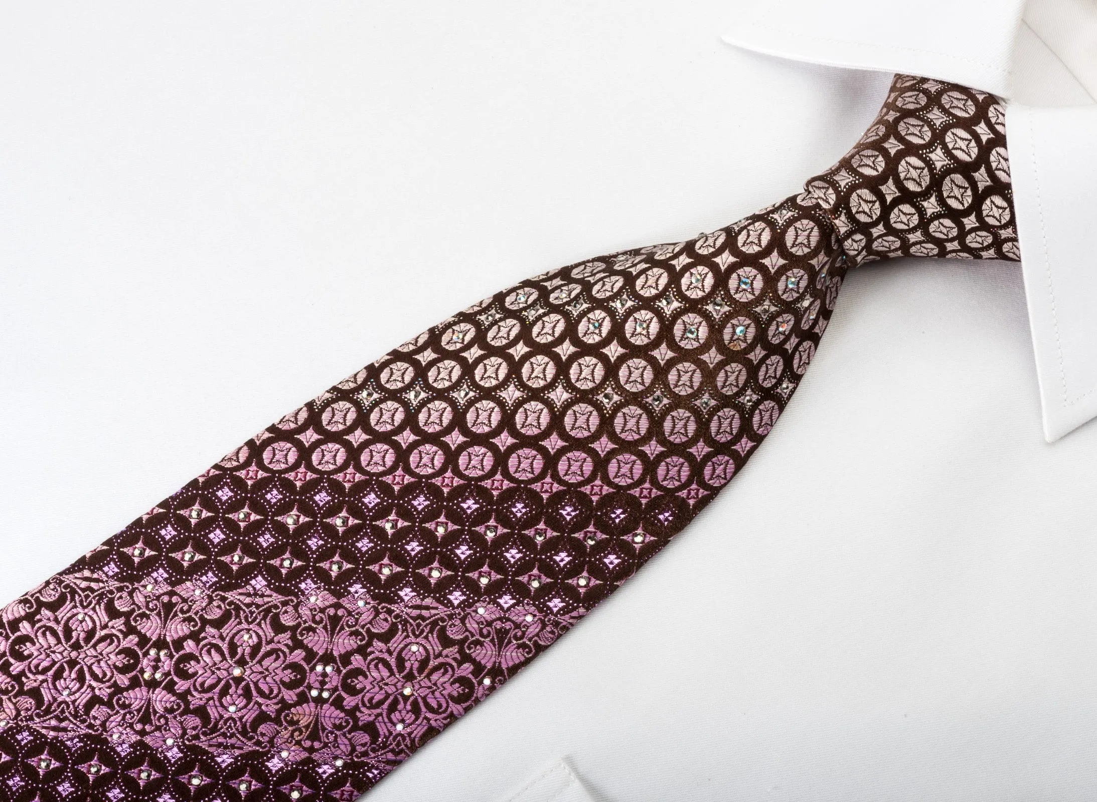 Nina Ricci Silk Rhinestone Necktie Anthemion Motif On Purple With Silver Sparkles