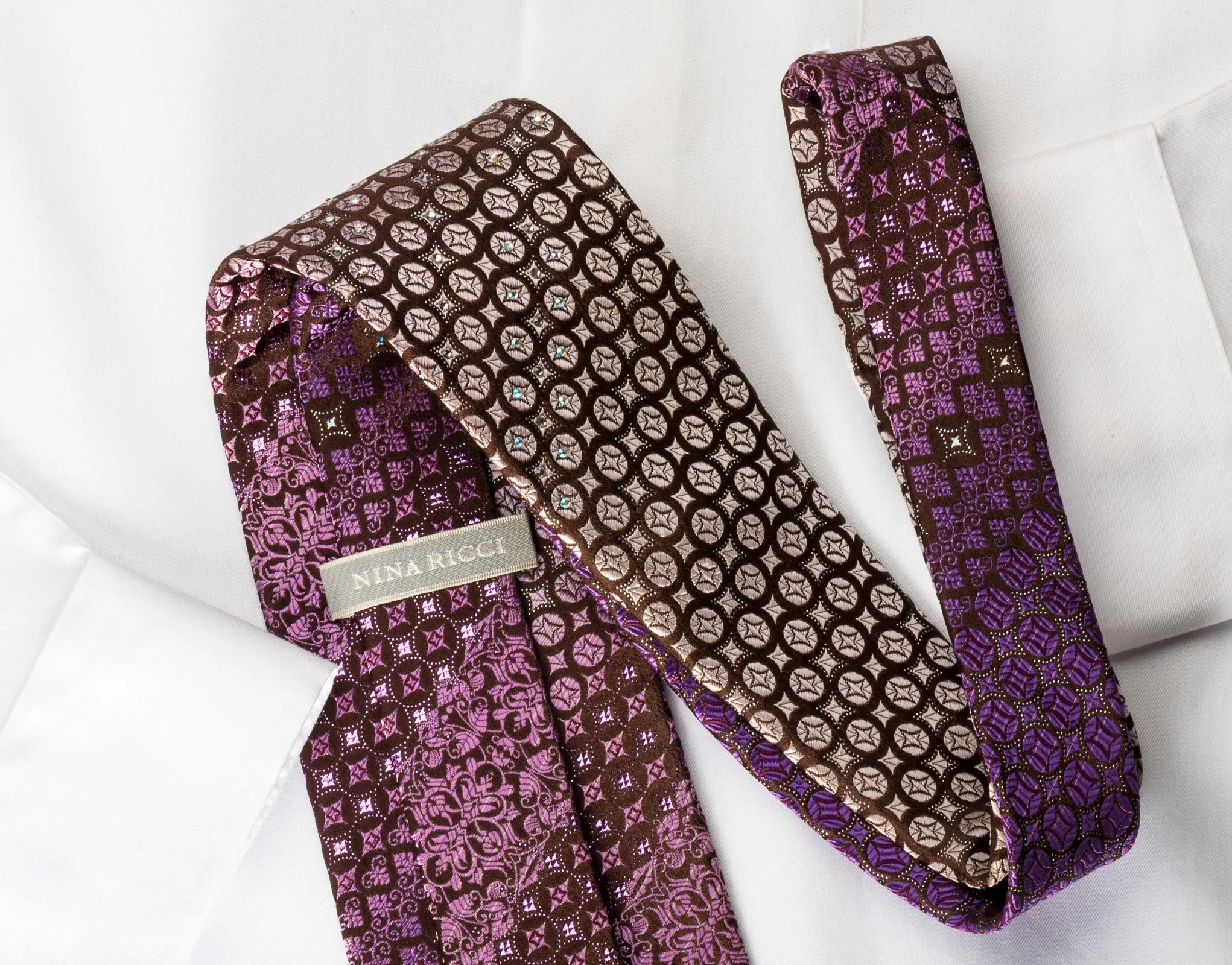 Nina Ricci Silk Rhinestone Necktie Anthemion Motif On Purple With Silver Sparkles