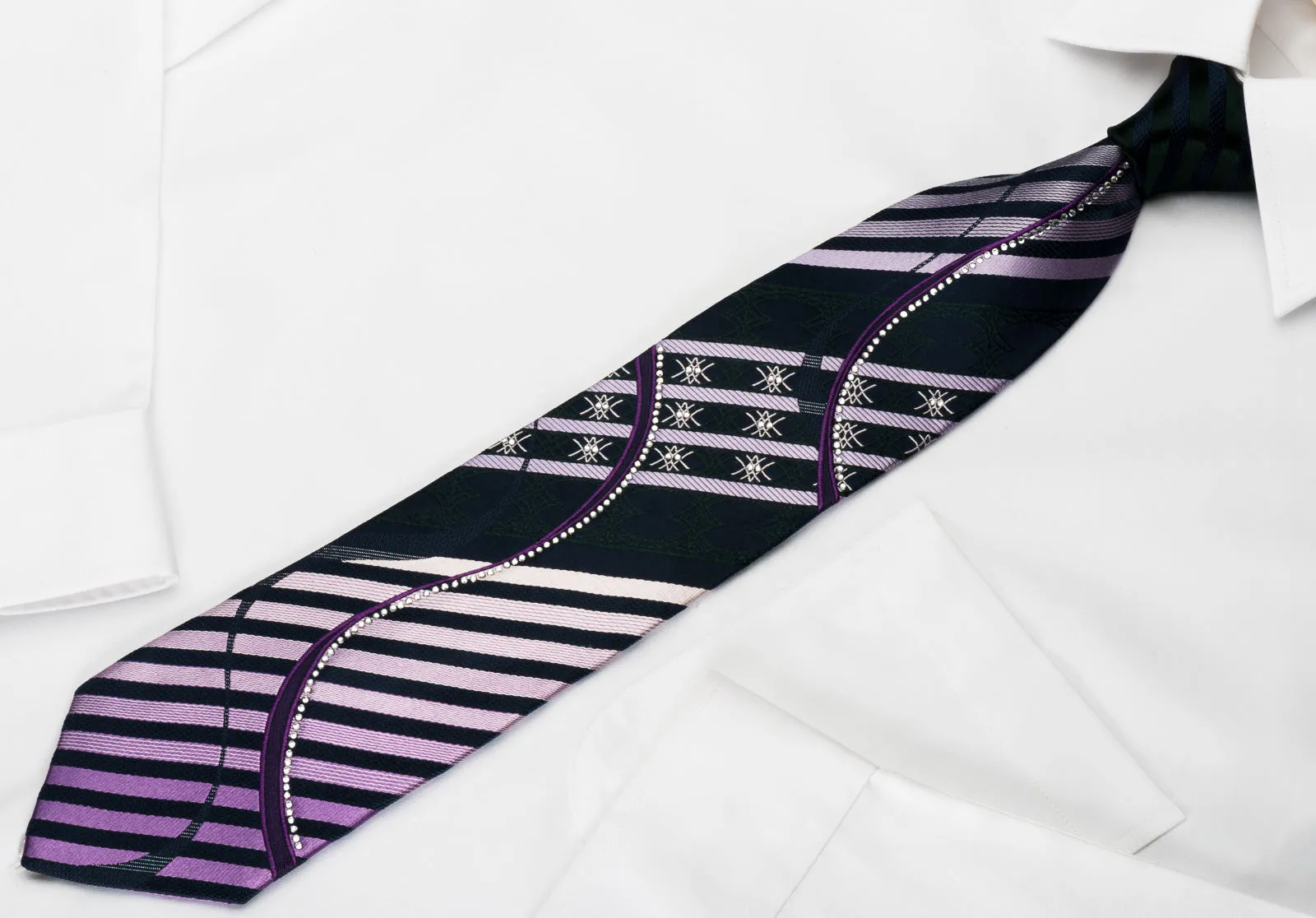 Nina Ricci Silk Rhinestone Necktie Purple Stripes & Waves On Blue With Silver Sparkles