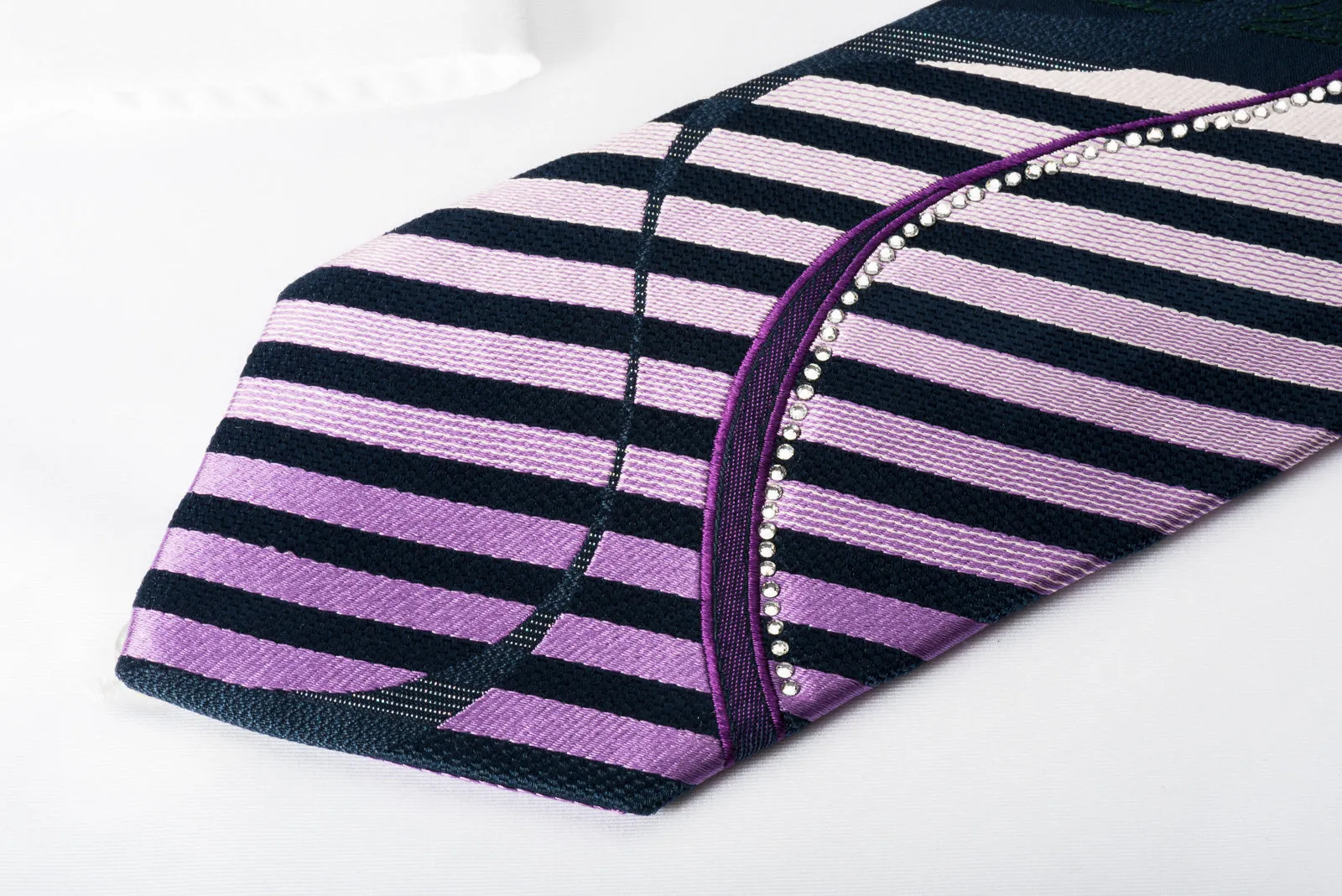 Nina Ricci Silk Rhinestone Necktie Purple Stripes & Waves On Blue With Silver Sparkles