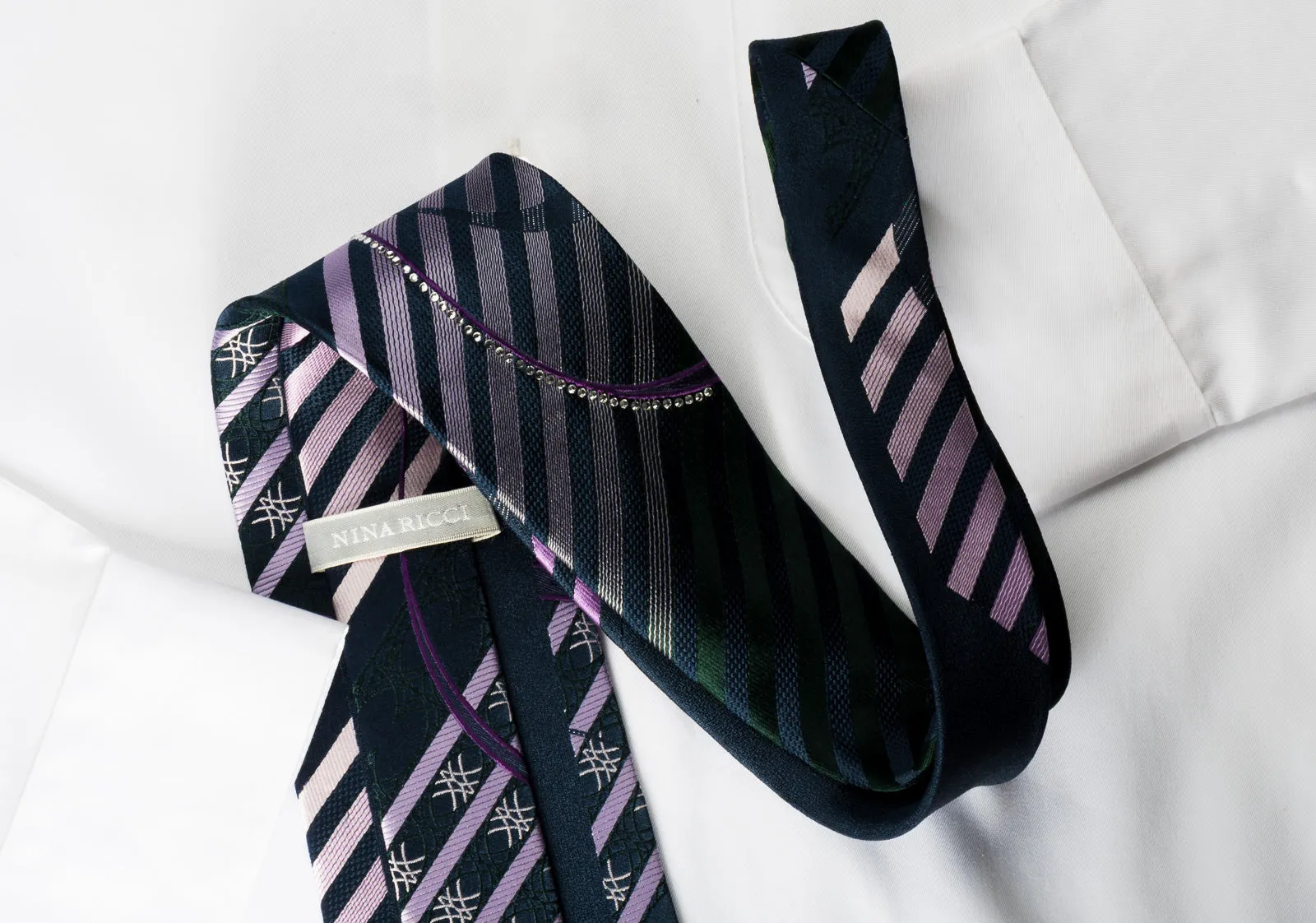 Nina Ricci Silk Rhinestone Necktie Purple Stripes & Waves On Blue With Silver Sparkles
