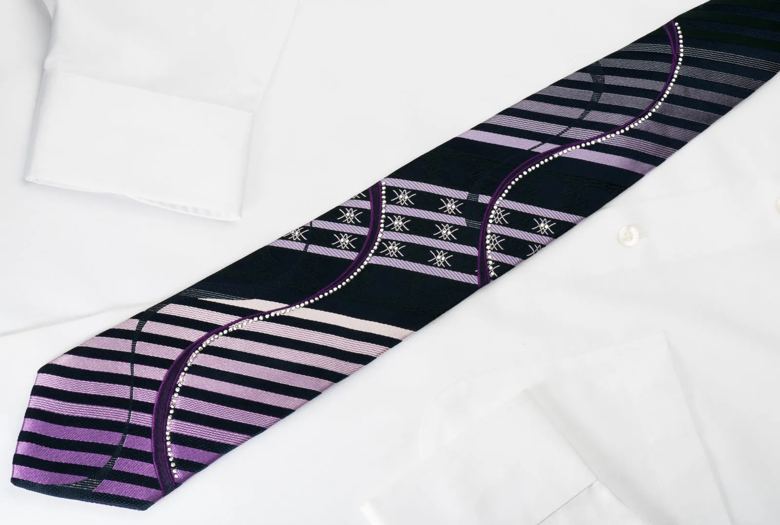 Nina Ricci Silk Rhinestone Necktie Purple Stripes & Waves On Blue With Silver Sparkles