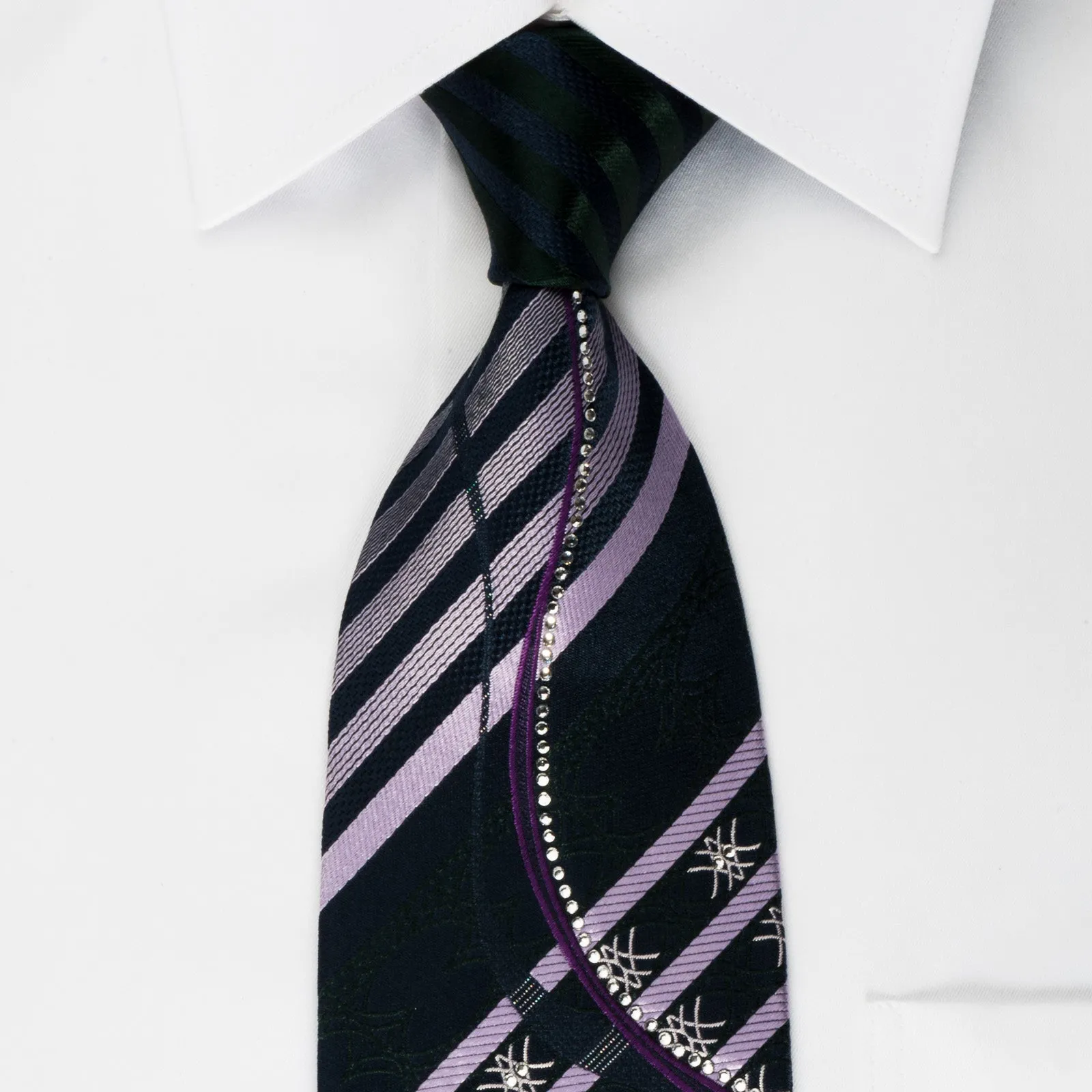 Nina Ricci Silk Rhinestone Necktie Purple Stripes & Waves On Blue With Silver Sparkles