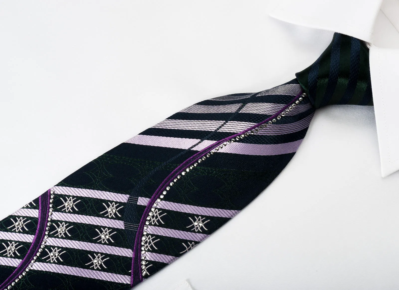 Nina Ricci Silk Rhinestone Necktie Purple Stripes & Waves On Blue With Silver Sparkles