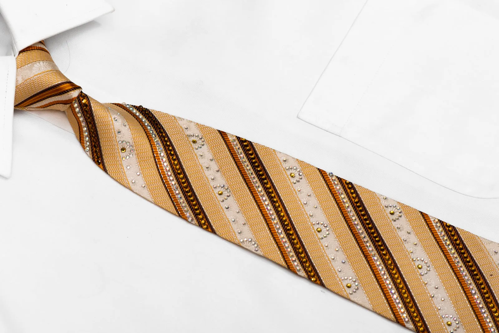 Orange Brown Striped On Cream Rhinestone Silk Necktie With Sparkles