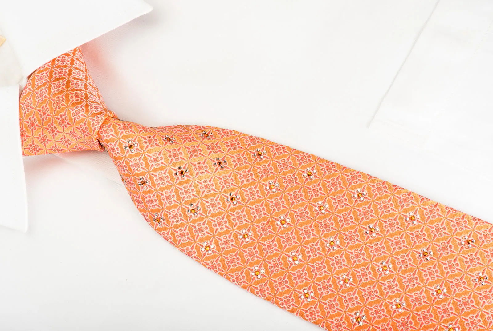 Perry Ellis Rhinestone Silk Necktie Trellis On Orange With Silver Sparkles