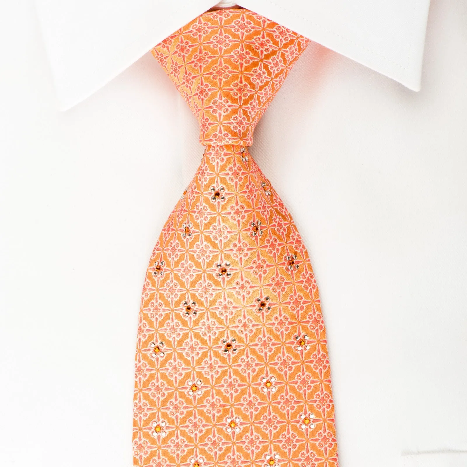 Perry Ellis Rhinestone Silk Necktie Trellis On Orange With Silver Sparkles
