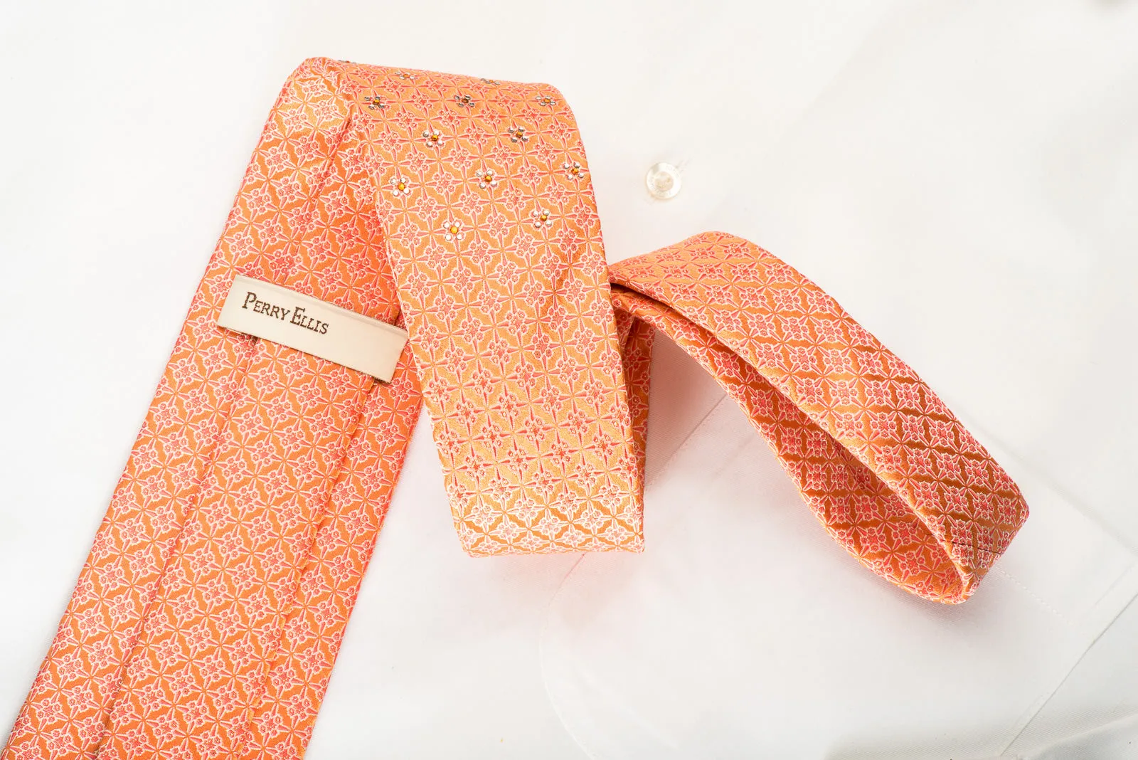 Perry Ellis Rhinestone Silk Necktie Trellis On Orange With Silver Sparkles