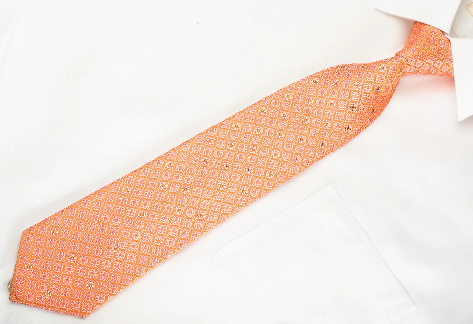 Perry Ellis Rhinestone Silk Necktie Trellis On Orange With Silver Sparkles