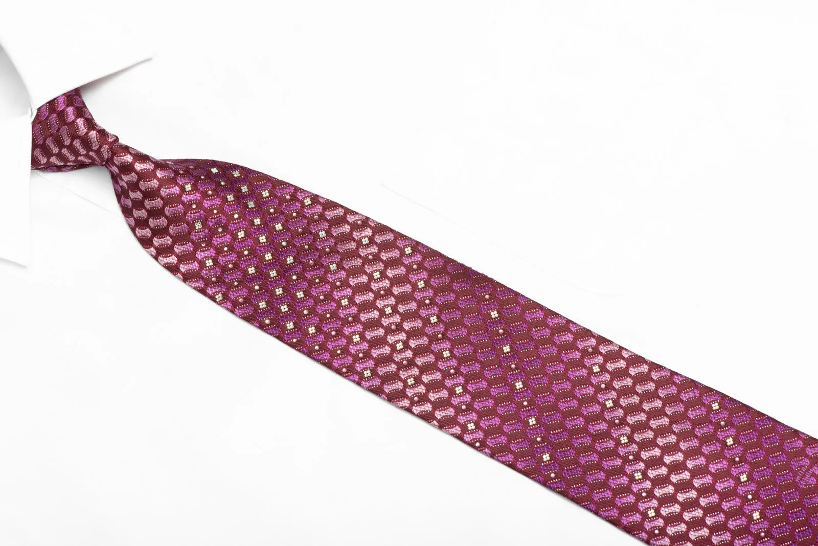 Pink Purple Geometric On Burgundy Rhinestone Silk Necktie With Sparkled