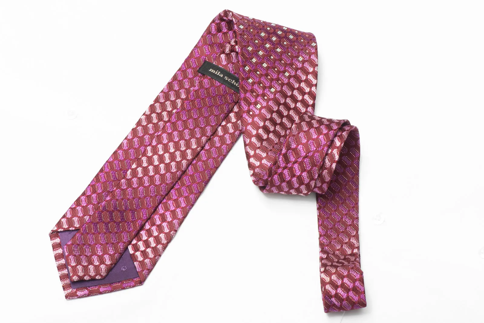 Pink Purple Geometric On Burgundy Rhinestone Silk Necktie With Sparkled