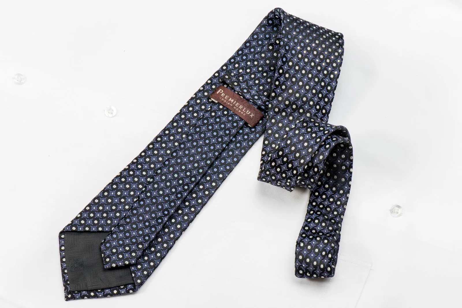 Premierlux Men's Crystal Silk Necktie Blue Silver Geometric On Black Sparkling With Rhinestones