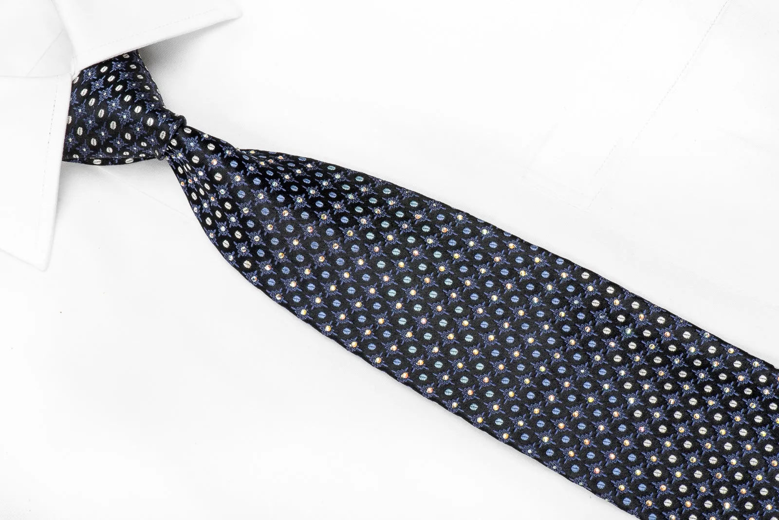 Premierlux Men's Crystal Silk Necktie Blue Silver Geometric On Black Sparkling With Rhinestones