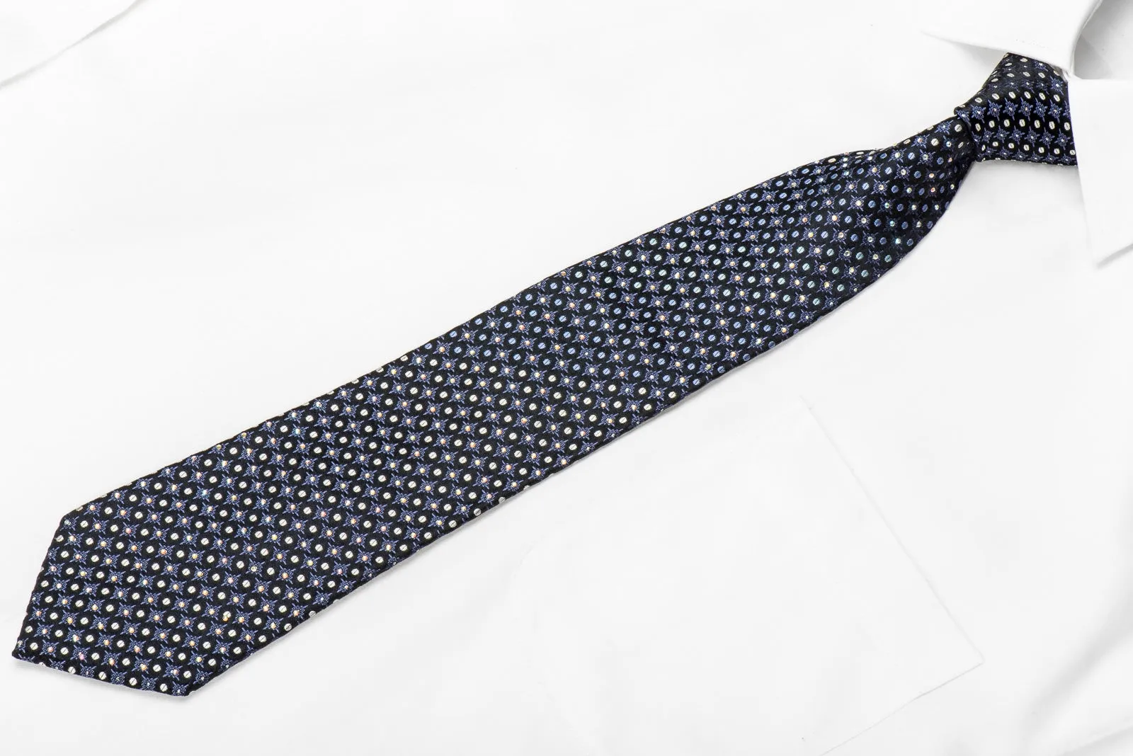 Premierlux Men's Crystal Silk Necktie Blue Silver Geometric On Black Sparkling With Rhinestones