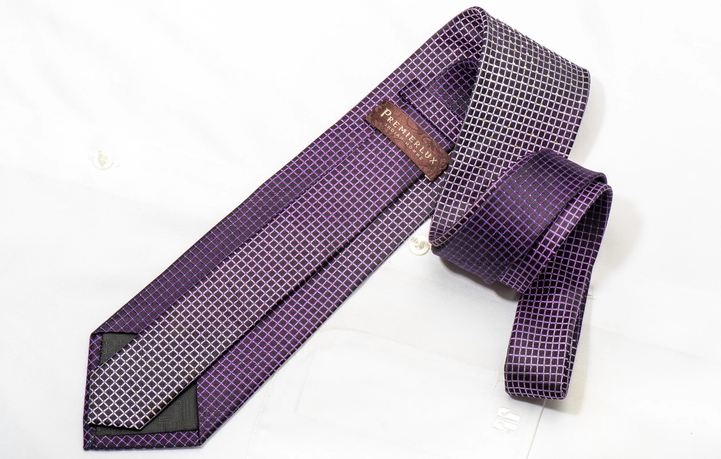 Premierlux Men's Silk Rhinestone Tie Lattice On Purple With Blue Sparkles
