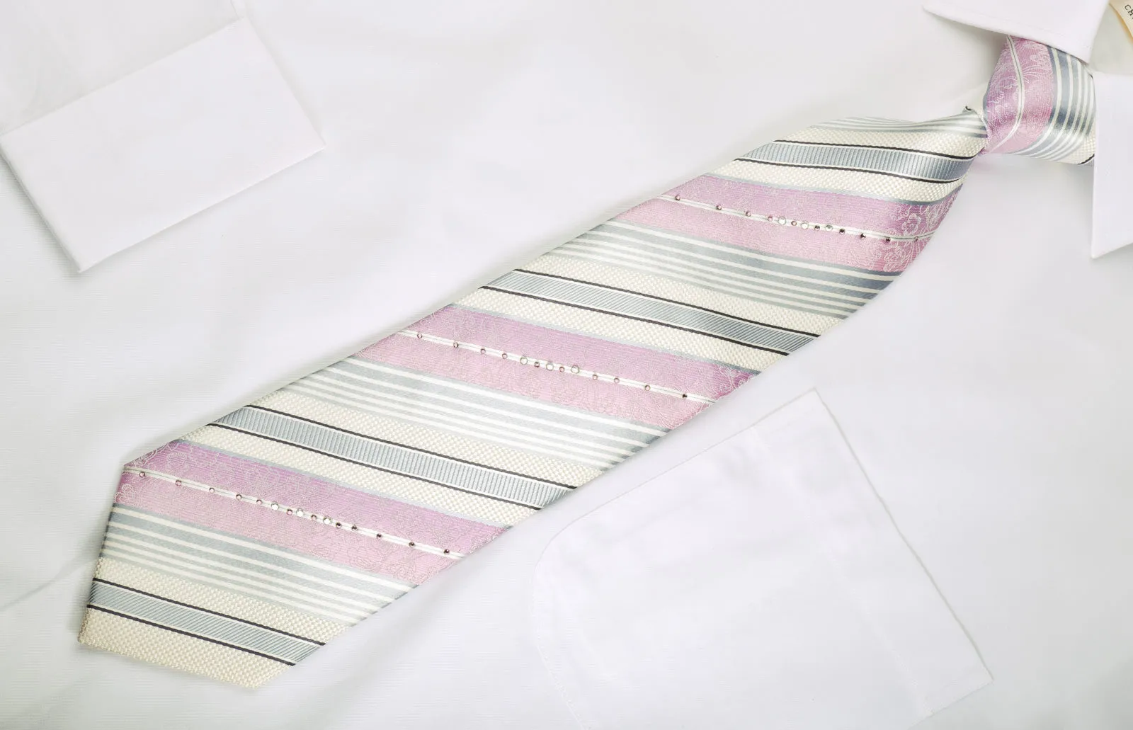 Premium Royal Silk Necktie Pink Silver Stripes On White With Rhinestones