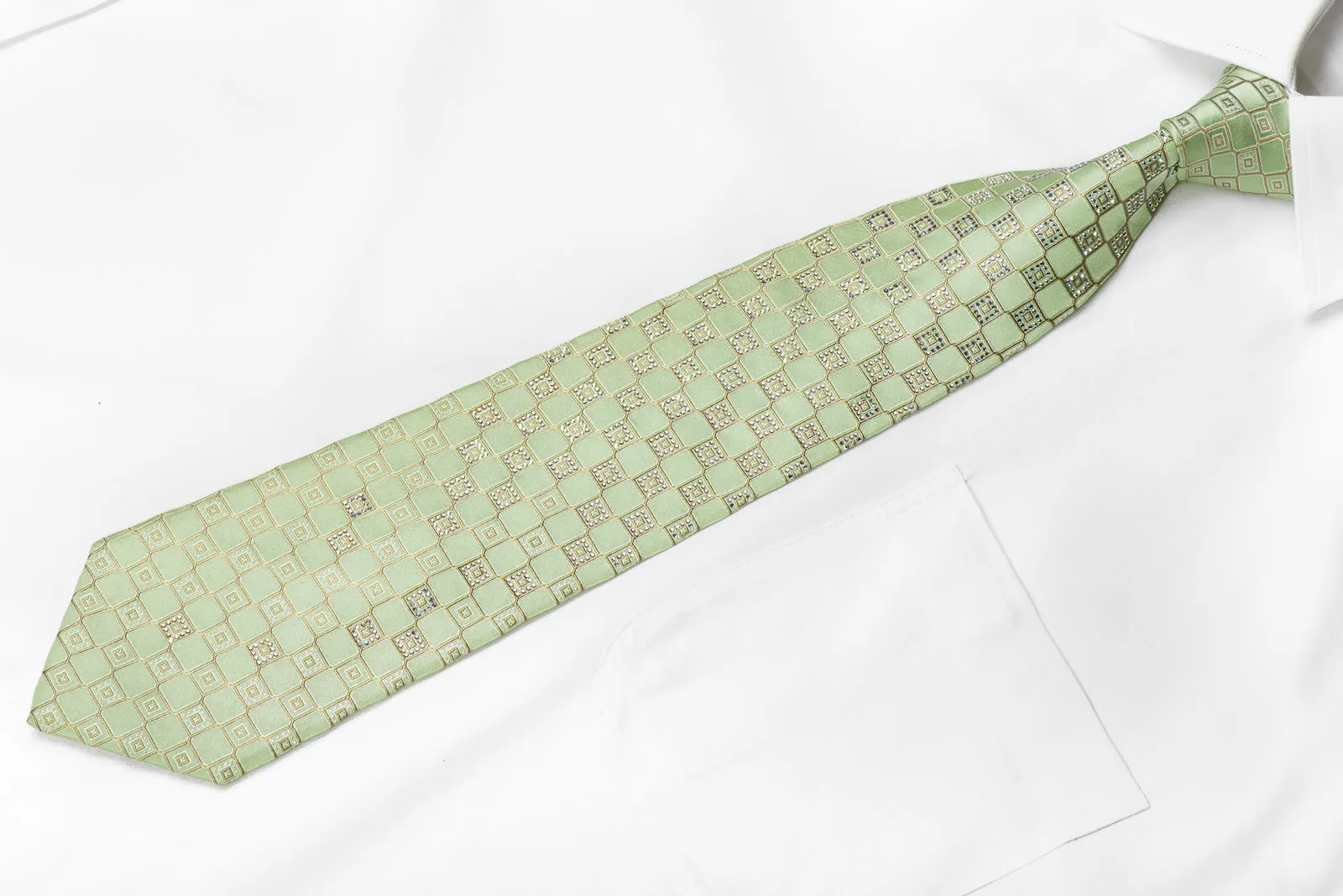 Renoma Men's Crystal Silk Tie Checkered On Light Green Sparkling With Rhinestones