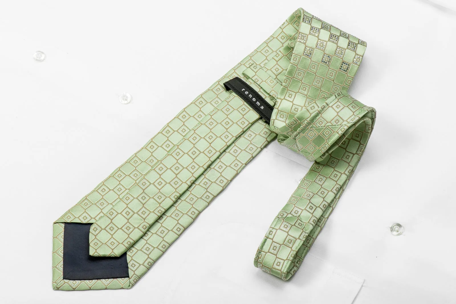 Renoma Men's Crystal Silk Tie Checkered On Light Green Sparkling With Rhinestones