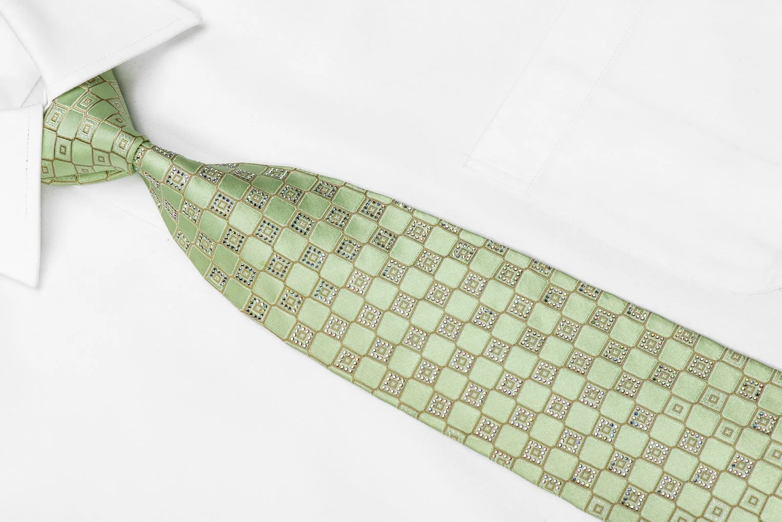 Renoma Men's Crystal Silk Tie Checkered On Light Green Sparkling With Rhinestones