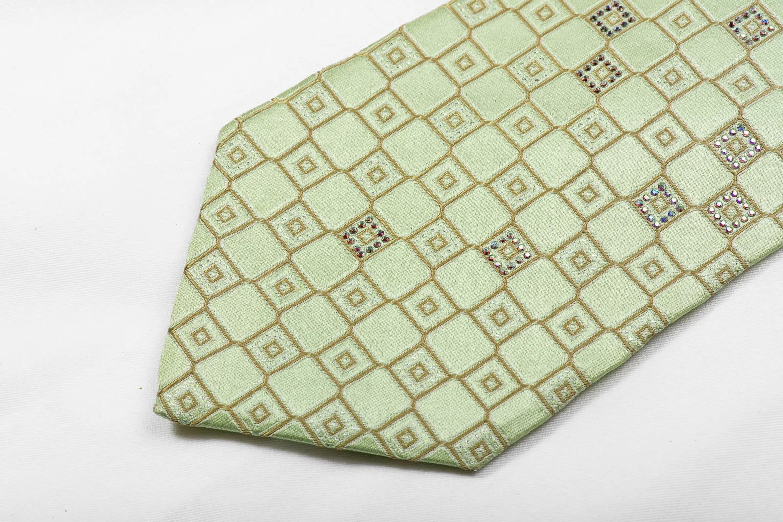 Renoma Men's Crystal Silk Tie Checkered On Light Green Sparkling With Rhinestones