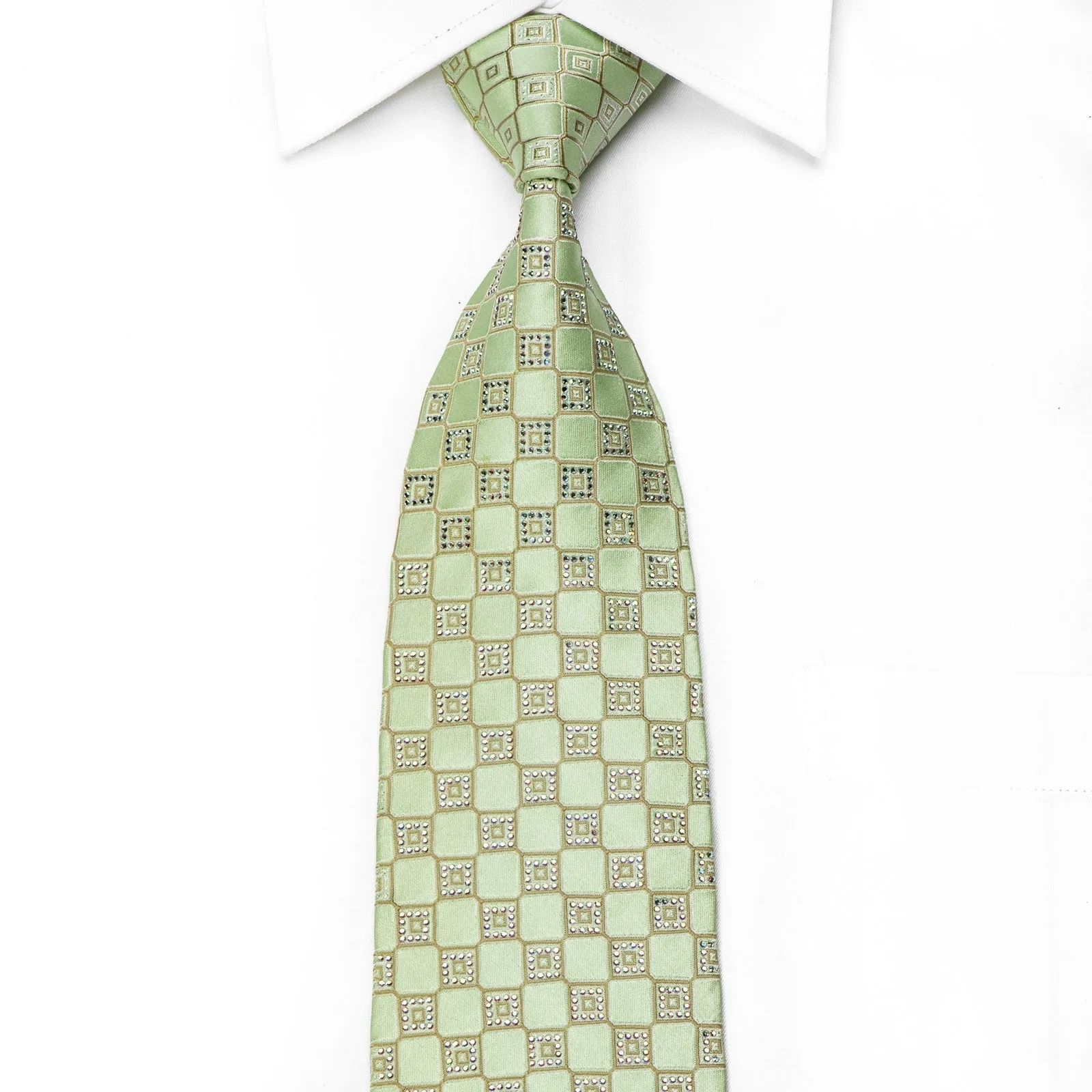 Renoma Men's Crystal Silk Tie Checkered On Light Green Sparkling With Rhinestones
