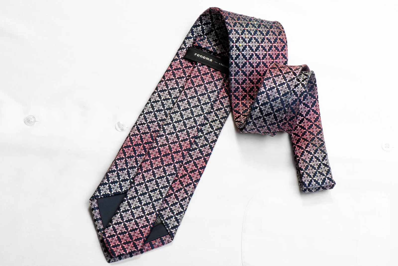 Renoma Rhinestone Necktie Pink Silver Fleur de Lis on Navy With Sparkles